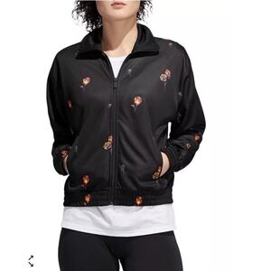 Adidas Women's Full Zip Rose Floral Print Track Jacket Size SMALL Pockets Black‎